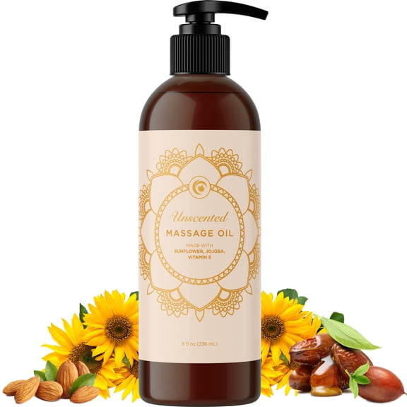 Unscented Massage Oil for Massage Therapy - Gentle and Luxurious Unscented Body Oil Full Body Care with Sweet Almond Sunflower Jojoba and Vitamin E - Vegan Non GMO & Gluten Free (8 Fl Oz)