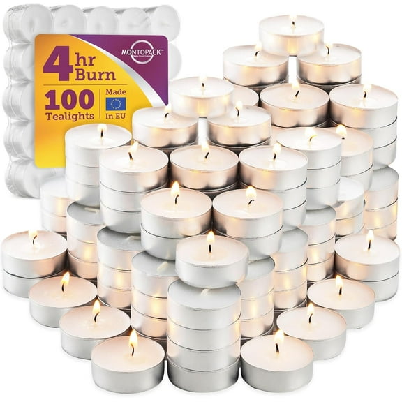 Unscented Tea Light 100 Pack | 4 hours, White, Smokeless, Dripless Small Votive Paraffin Tealights | Long-Lasting for Home, Shabbat, Weddings, Events, Emergencies | Mini Bulk