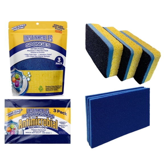 Unstinkables Antimicrobial Kitchen Sponges and Scouring Pads Combo, Oversized, 6 Count, PVC and Cellulose