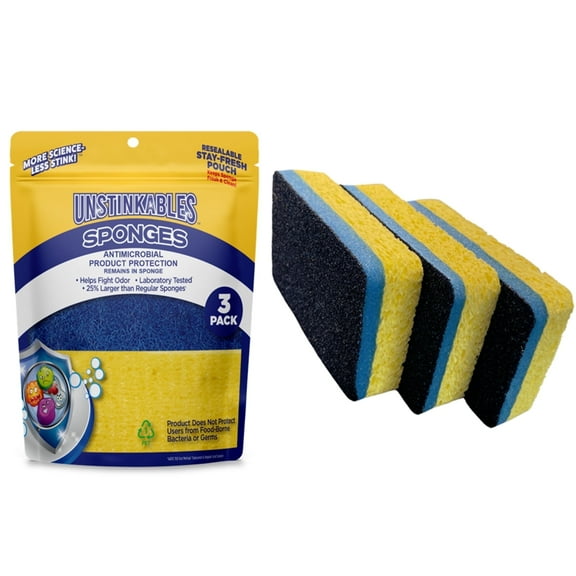 Unstinkables Oversized Antimicrobial Scrubbing Sponges in Stay-Fresh Pouches, Odor-Free, 3 Count