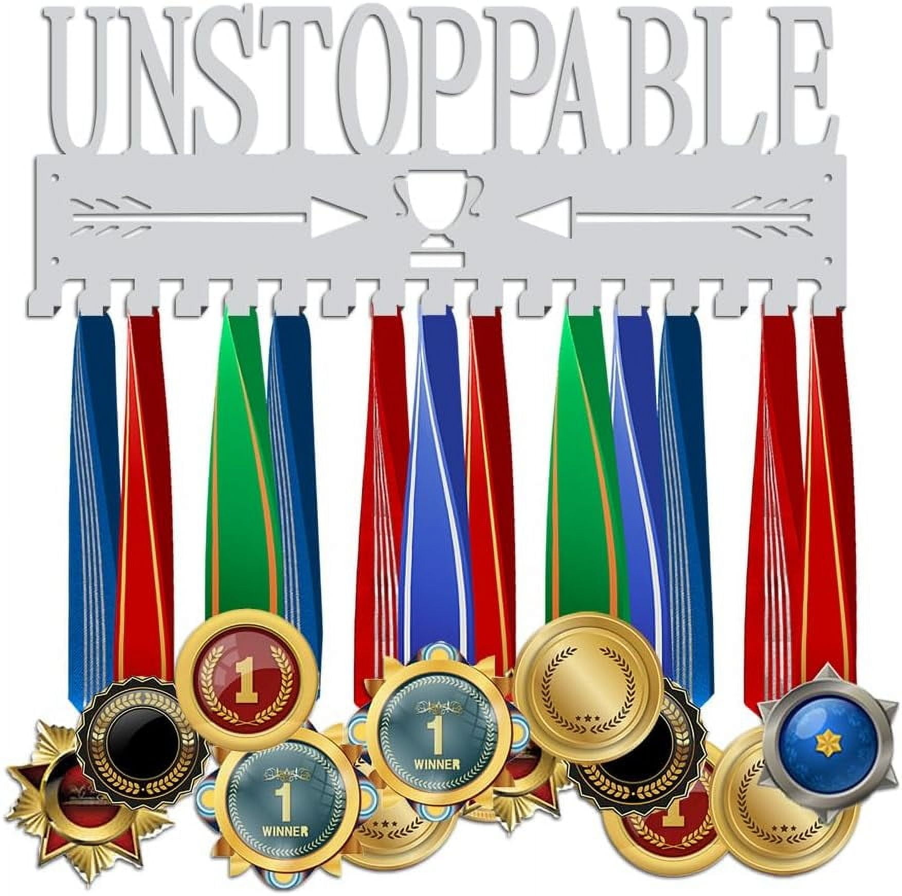 Unstoppable Medal Holder Silver Medals Display Frame 17 Hooks Medals Display Metal Medal Rack Holder Sport Awards Ribbon Holder Wall Mount Award Rack DIY