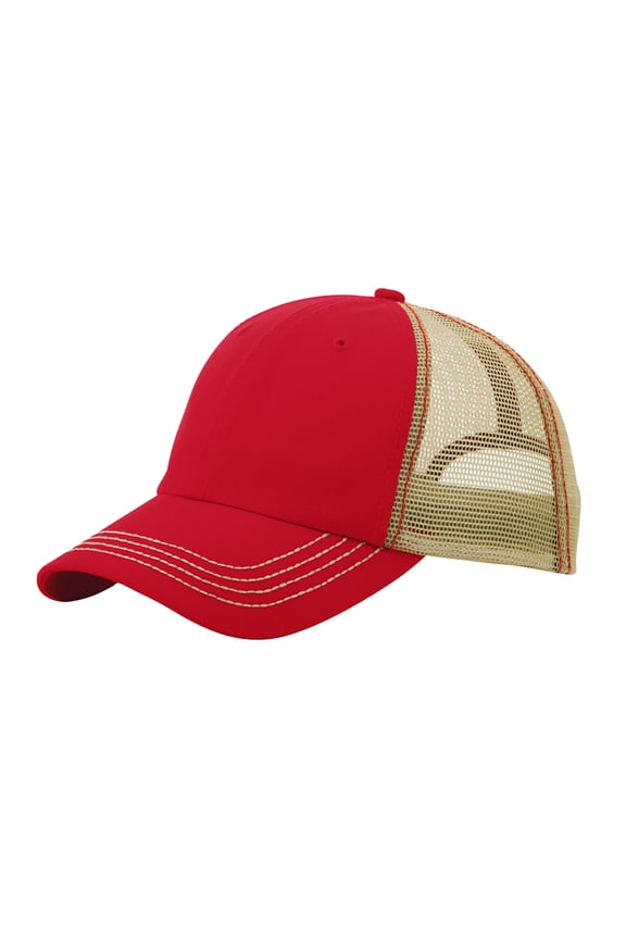 Unstructured Cotton Twill Wash Trucker Cap + GT Wristband, Red Khaki