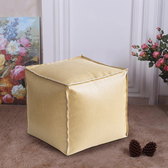Unstuffed Faux Leather Pouf Ottoman Cover | Moroccan Style Footstool & Storage Ottoman | Waterproof Floor Cushion for Indoor & Outdoor Use | 15.7 Inch Square