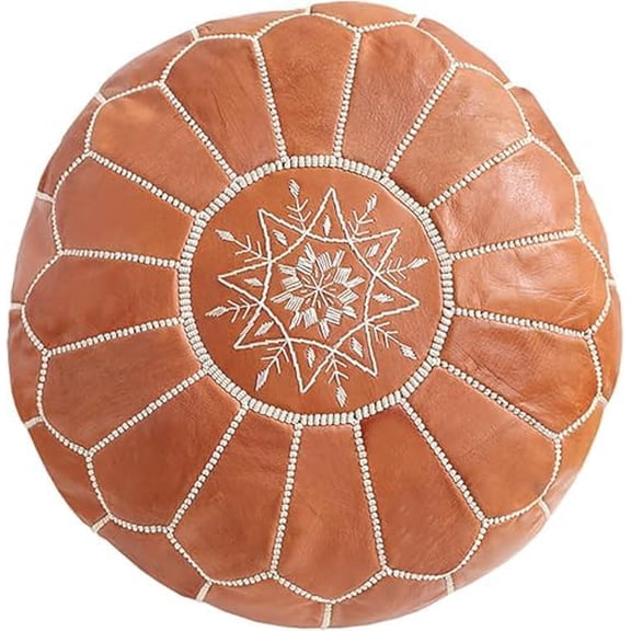 Unstuffed Genuine Round Leather Pouf | Moroccan Ottoman Footstool, Footrest Cover | Super Soft Handmade Ottoman Faux Comes in 20" D x 20" W x 14" H$$Furniture