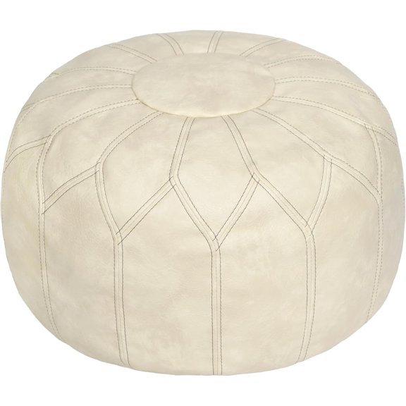 Unstuffed Moroccan Faux Leather Pouf Ottoman with Storage - Handmade Boho Chic Multi-Use Footrest for Living Room, Bedroom, Patio - Round Ethnic Floor Cushion & Decorative Accent, Ivory