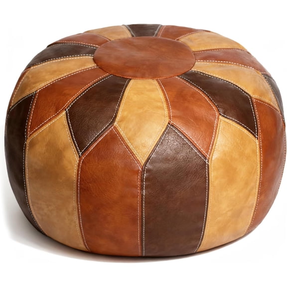 Unstuffed Moroccan Faux Leather Pouf Ottoman with Storage - Handmade Boho Chic Multi-Use Footrest for Living Room, Bedroom, Patio - Round Ethnic Floor Cushion & Decorative Accent, Tricolor