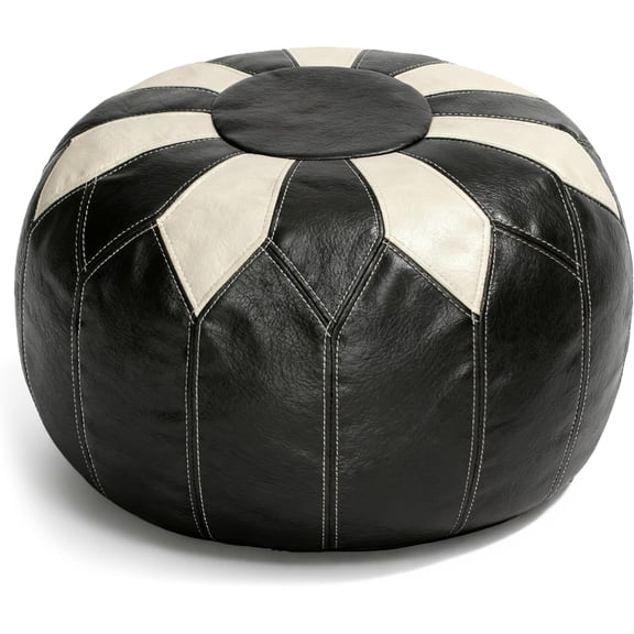Unstuffed Moroccan Faux Leather Pouf Ottoman with Storage - Handmade Boho Chic Multi-Use Footrest for Living Room, Bedroom, Patio - Round Ethnic Floor Cushion & Decorative Accent, Black&White