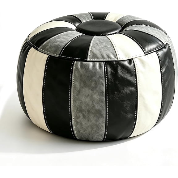 Unstuffed Moroccan Storage Pouf Foot Stool Ottoman Seat Handmade Faux Leather Bean Bag Floor Chair Foot Rest for Living Room, Bedroom or Balcony (Black Grey)