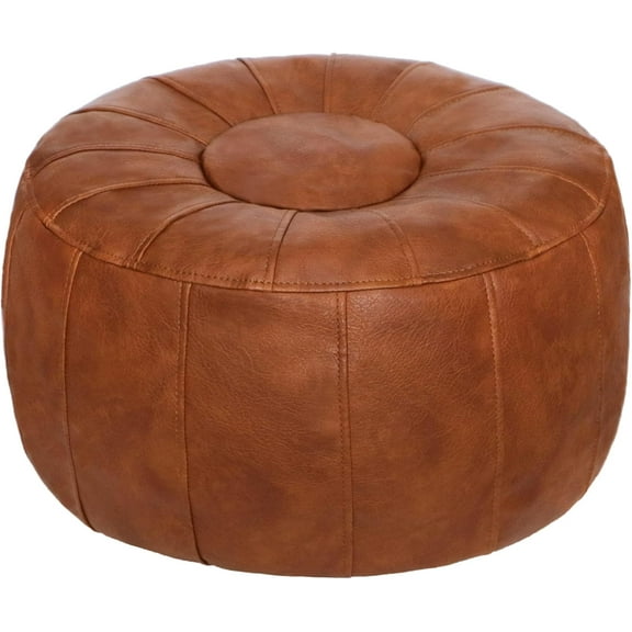 Unstuffed Moroccan Storage Pouf Foot Stool Ottoman Seat Handmade Faux Leather Bean Bag Floor Chair Foot Rest for Living Room, Bedroom or Balcony (Light Brown)