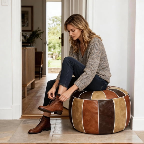 Unstuffed Moroccan Storage Pouf Foot Stool Ottoman Seat Handmade Faux Leather Bean Bag Floor Chair Foot Rest for Living Room, Bedroom or Balcony (Multi Color)