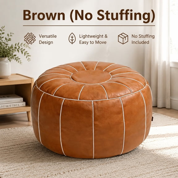 Unstuffed Moroccan Storage Pouf Ottoman Foot Stool, Handmade Faux Leather Bean Bag Floor Chair Footrest for Living Room, Bedroom, Balcony - Brown