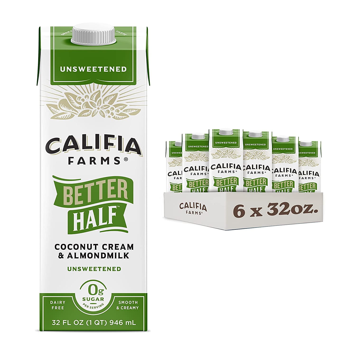Unsweetened Better Half, Half And Half Substitute, 32 Oz (Pack Of 6), Almond Milk, Coconut Cream, Coffee Creamer, Keto, Shelf Stable, Dairy Free, Plant Based, Vegan
