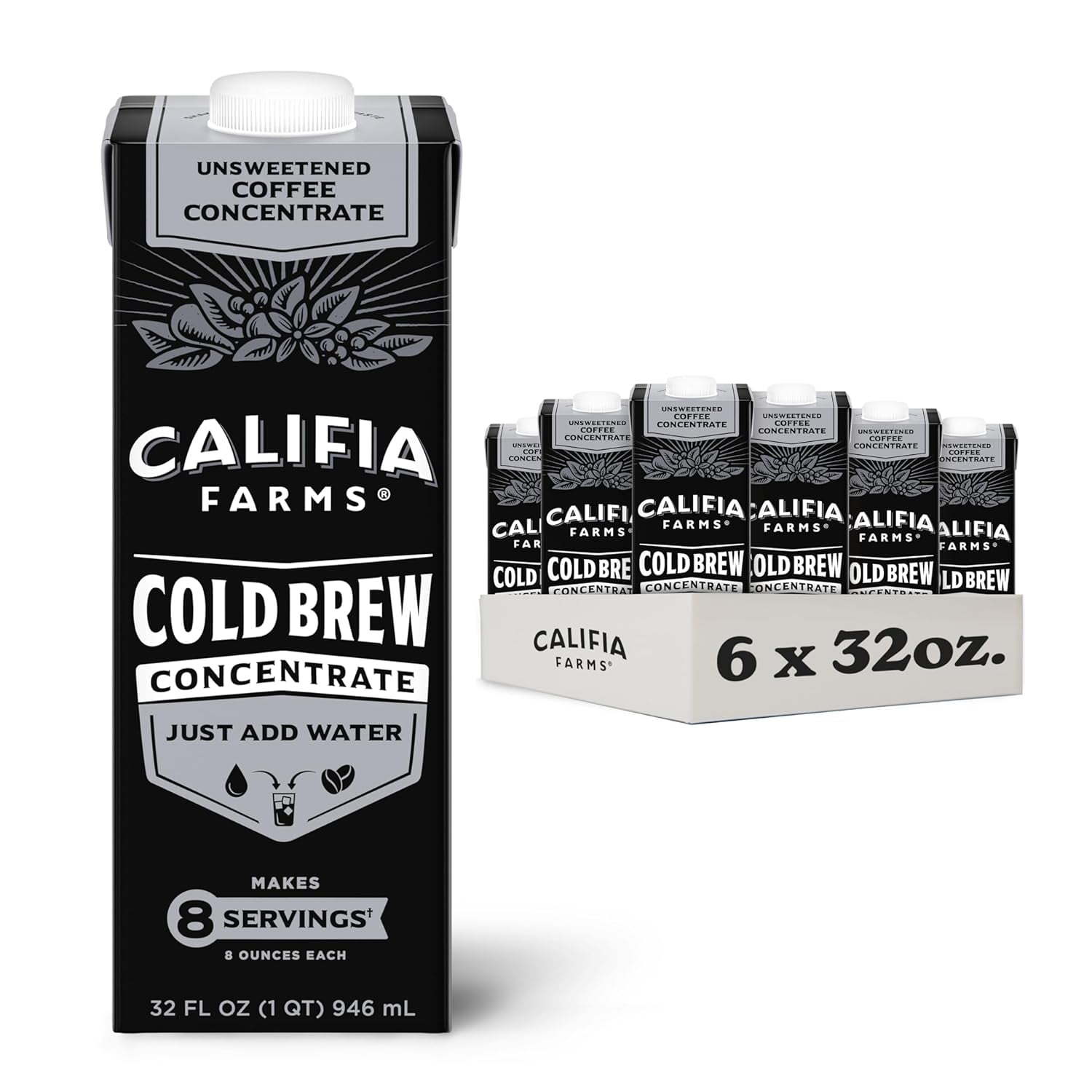  Unsweetened Cold Brew Coffee Concentrate, 32 Fl Oz (Pack of 6), 100 Arabica, Shelf Stable
