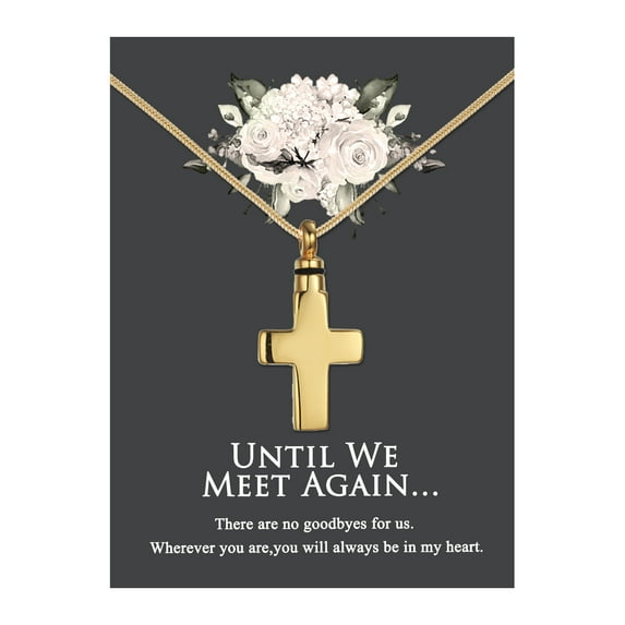 Until We Meet Again Cremation Necklace and Card - Gold Cross Urn Memorial Jewelry - Waterproof Stainless Steel Container - Human Ashes Urn Keepsake - Funnel Kit - Ships Next Day