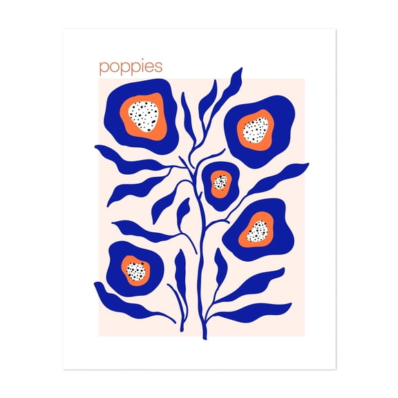 Untitled ABright Floral Illustration – Blue Poppies with Orange and Pink Accentsrtwork - Illustration Modern Art Floral Abstract Botanical Pop Art Minimalist Unframed Wall Art Print 6 x 8 inches