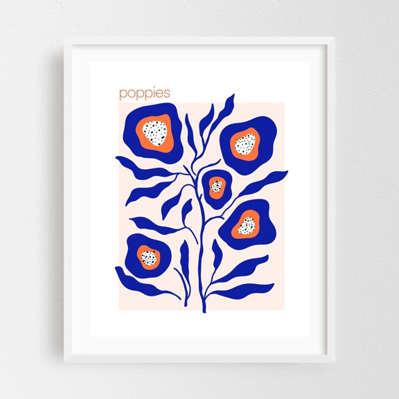 Untitled ABright Floral Illustration – Blue Poppies with Orange and Pink Accentsrtwork - Illustration Modern Art Floral Abstract Botanical Pop Art Minimalist White Framed Wall Art Print 6 x 8 inches