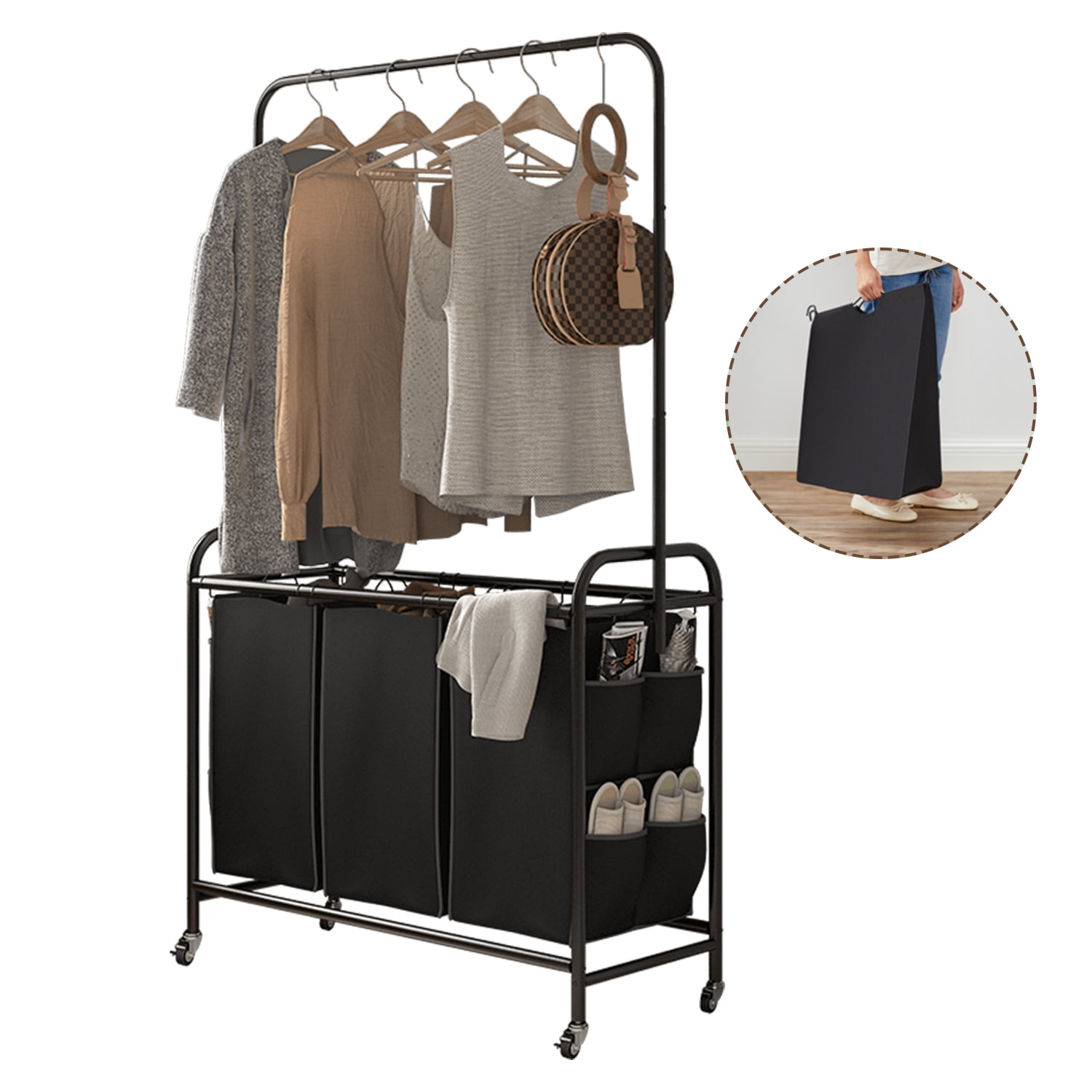 Untyo 3Section Laundry Sorter with Wheels Laundry Hamper Cart with Hanging Bar Rolling Lockable