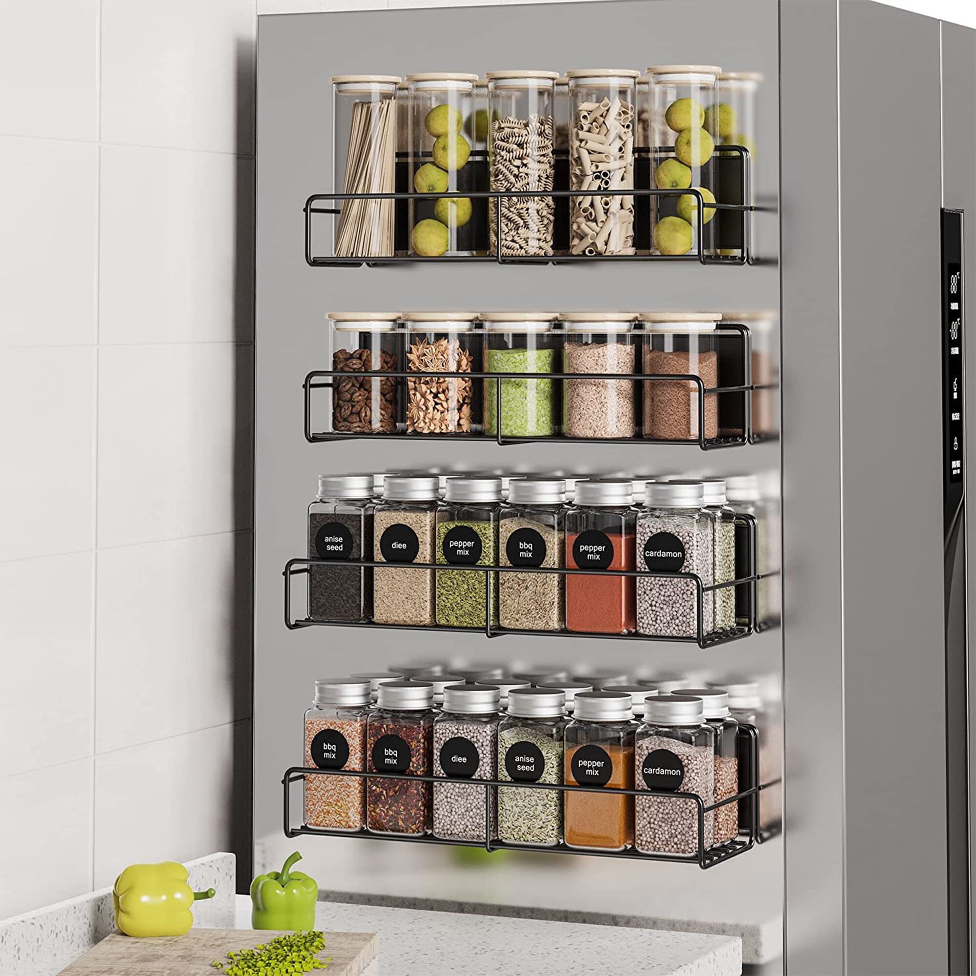 KitHero Magnetic Spice Rack with 24 Jars, 216 Labels, 1 Steel Funnel for  Refrigerator，Microwave Oven - Full Set of Spice Organizer