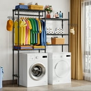 Untyo Laundry Room Shelves,Over Washer and Dryer Storage Shelf, with 5 Tier Adjustable Shelves and Rotatable Hooks, 63.8" L x 13.4" D x 77.6" H, Black