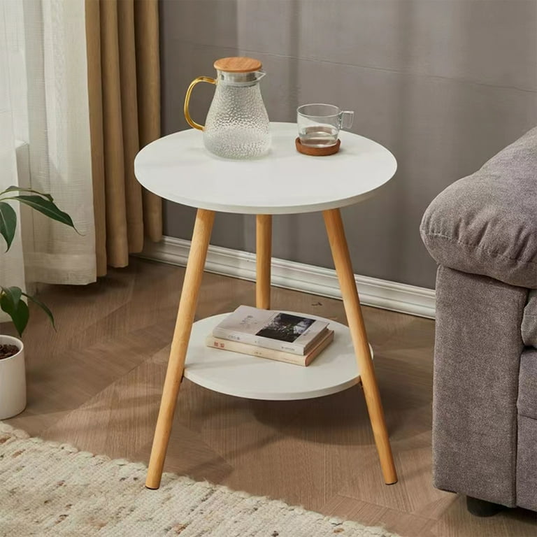 Untyo White Round Side Table, 2-Tier Nightstand End Table