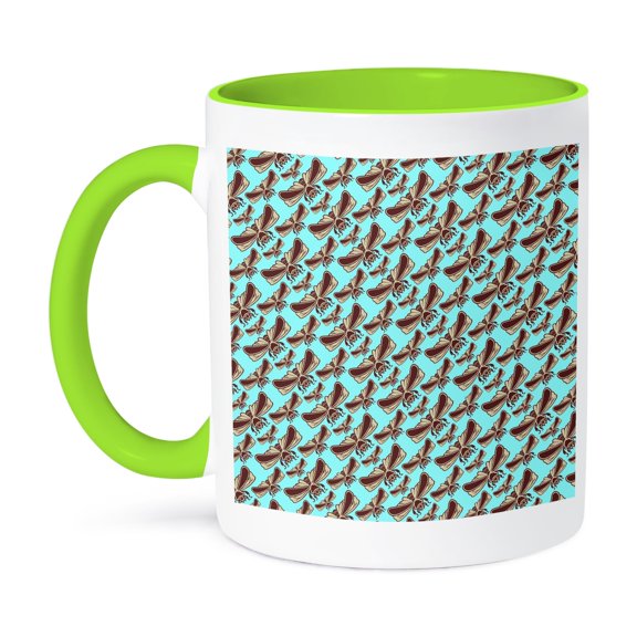 3dRose, Unusual Flying Cicadas Pattern in Brown Tones over Sky Blue, 11oz Two-Tone Green Mug