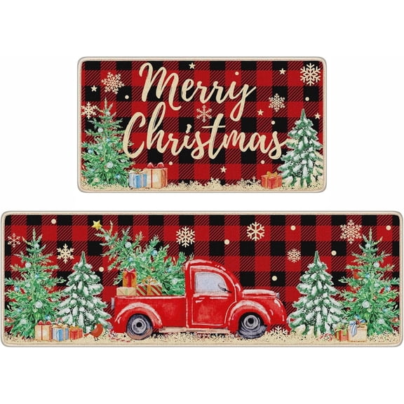 Unves Merry Christmas Kitchen Mats Set of 2, Buffalo Plaid Christmas Kitchen Rugs Home Decor, Farmhouse Red Truck Rugs for Indoor Floor Bathroom Decorations, 17"x47"+ 16"x29" Holiday Front Doormat