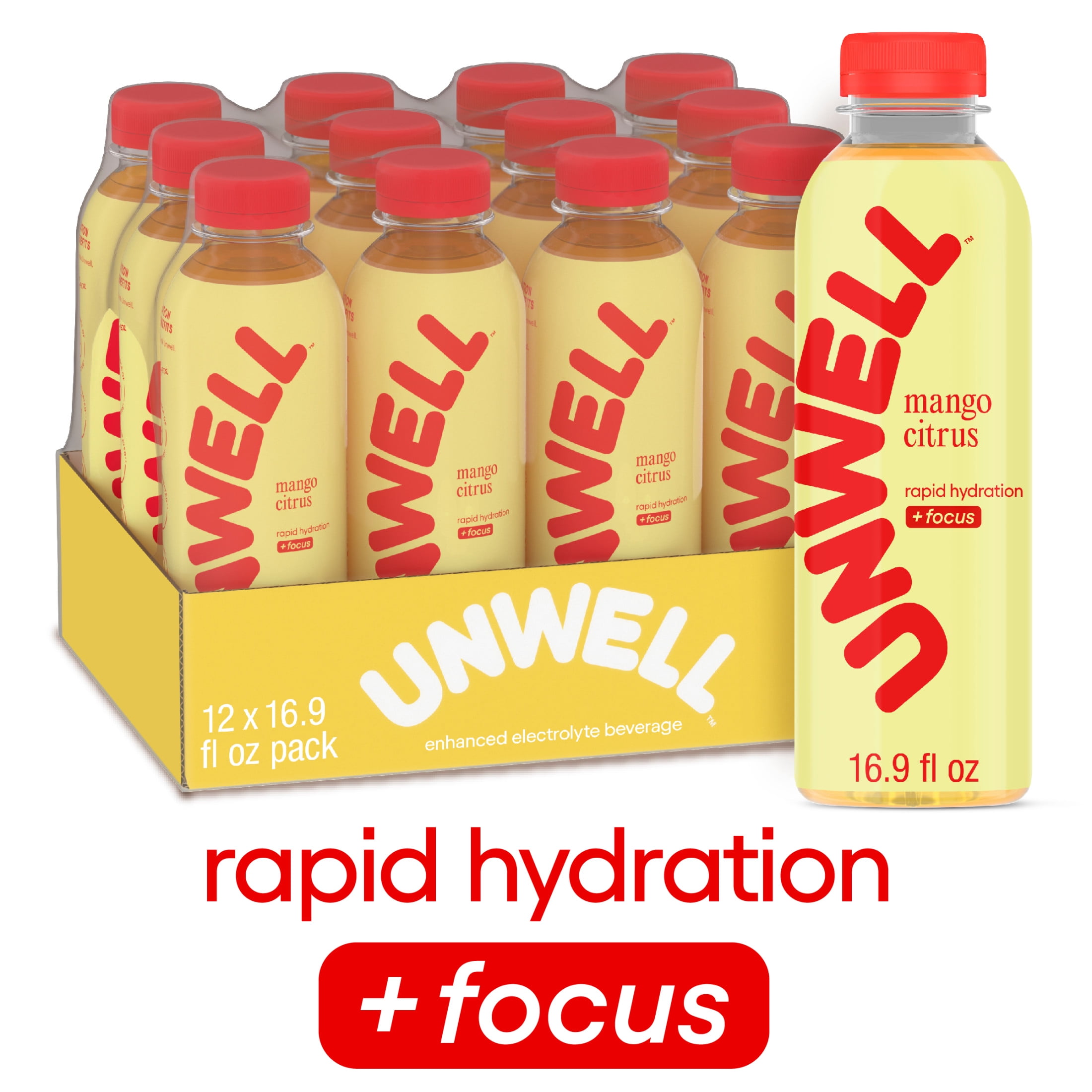 Unwell Hydration Electrolyte Drink for Rapid Hydration + Focus  Mango Citrus, 12 pack