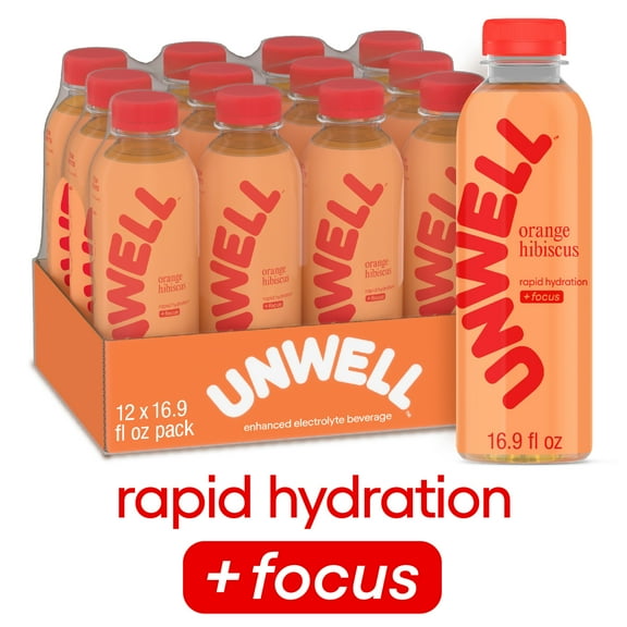 Unwell Hydration Electrolyte Drink for Rapid Hydration + Focus – Orange Hibiscus, 12 pack