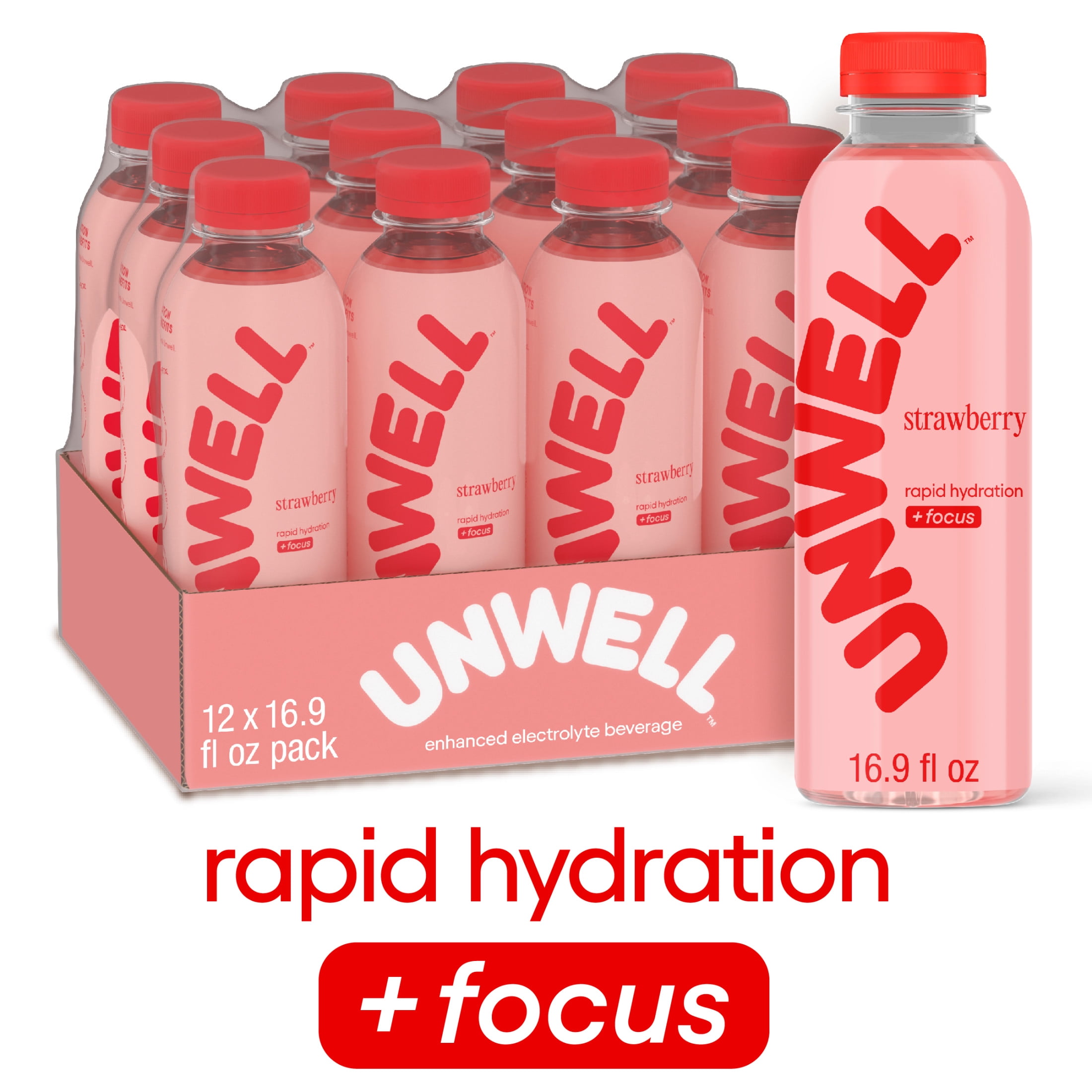 Unwell Hydration Electrolyte Drink for Rapid Hydration + Focus – Strawberry, 12 pack