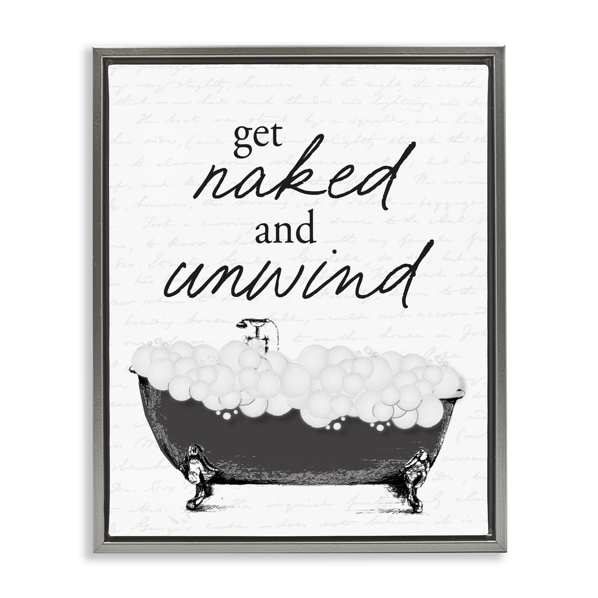 Unwind Bubble Bath Gray Framed Floater Canvas Wall Art, design by Lettered and Lined