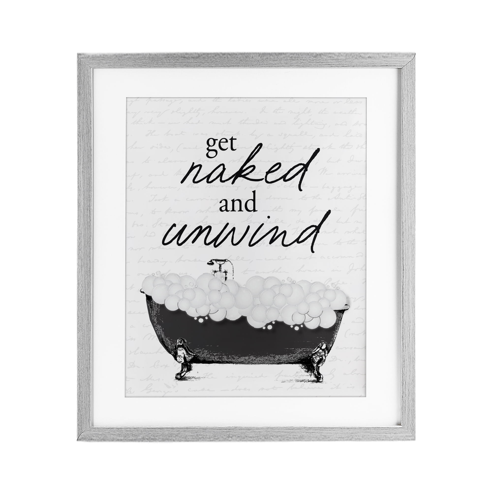 Unwind Bubble Bath Gray Framed Print Under Glass, design by Lettered and Lined