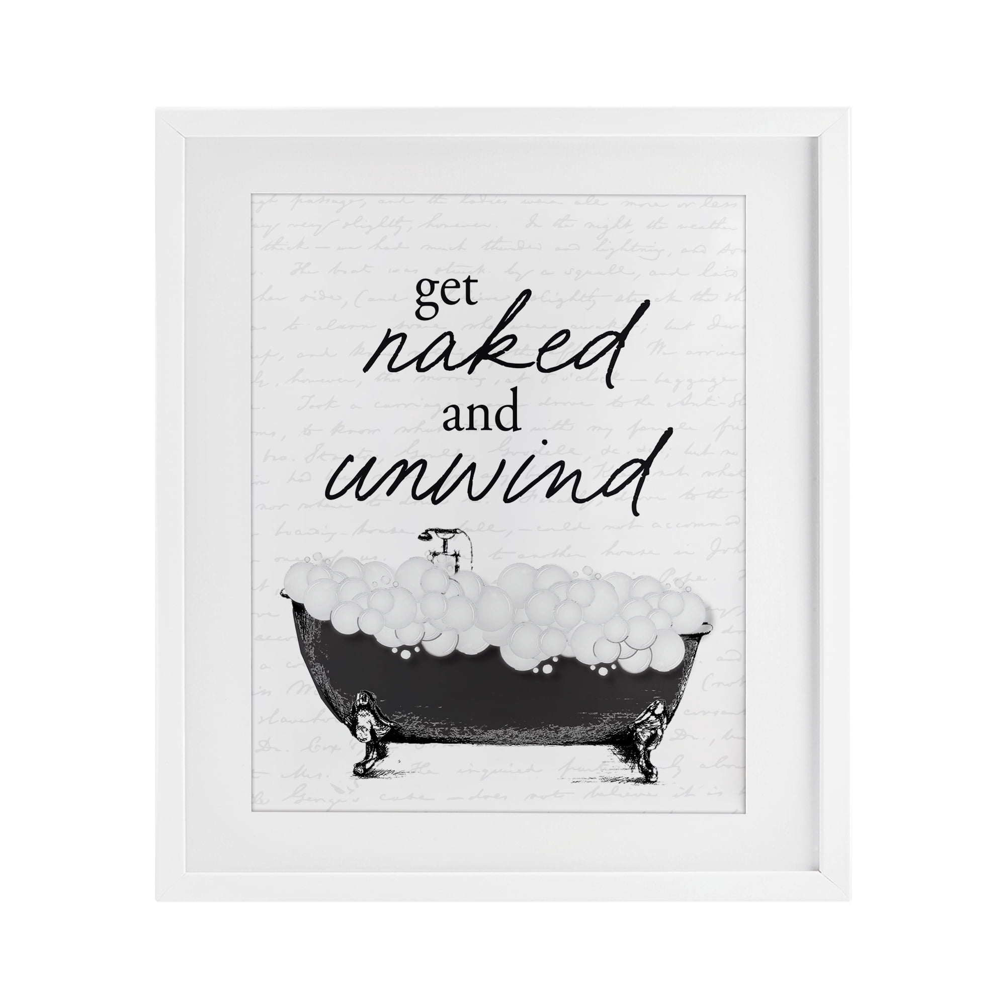 Unwind Bubble Bath White Framed Print Under Glass, design by Lettered and Lined