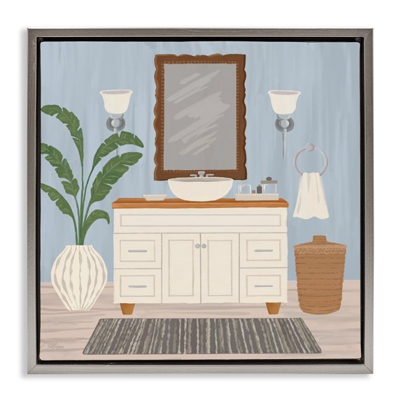 Stupell Industries Unwind and Refresh Bath Sink Gray Framed Floater Canvas Wall Art, design by Cat Thurman Designs