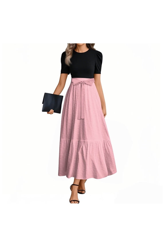 1940S Dresses For Women Summer Floral Print Short Sleeve Long Maxi Dress Tie Belted Elegant Sundress Business Casual Flowy a Line Dresses Pink L