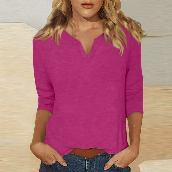 UoCefik 3/4 Length Sleeve Blouses for Women Summer Casual Solid V Neck Tops Trendy Loose Fit Elbow Three Quarter Length Sleeve Shirts Vintage Going Out Tee Shirts Cute Clothes Hot Pink 3XL