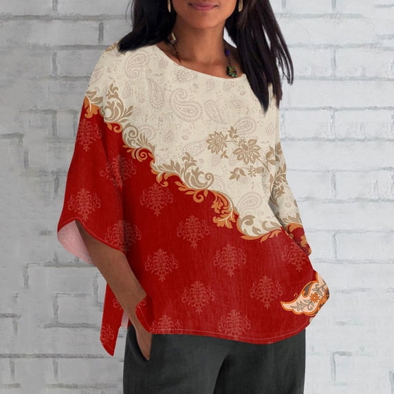 UoCefik 3/4 Length Sleeve Womens Tops Plus Size Summer Graphic Half Sleeve Shirts Trendy Crew Neck Linen Blouse Casual Tshirts Fashion Elbow Spring Tunics Red L