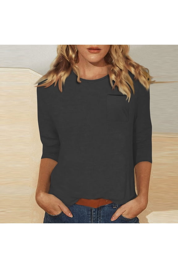 3/4 Length Womens Tops Casual Summer Crewneck Solid Shirts Petite Loose Fit Elbow Three Quarter Length Sleeve T-Shirt Lightweight Going Out Blouses Spring Clothes Gray L
