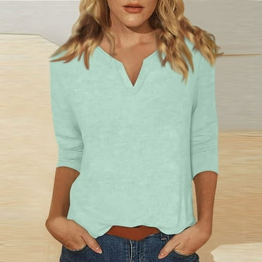 UoCefik 3/4 Sleeve Tops Plus Size for Women Loose Fit Summer Elbow Solid Shirts Casual V Neck Three Quarter Length Sleeve Tee Trendy Dressy Blouse Fashion Clothes Blue XXL