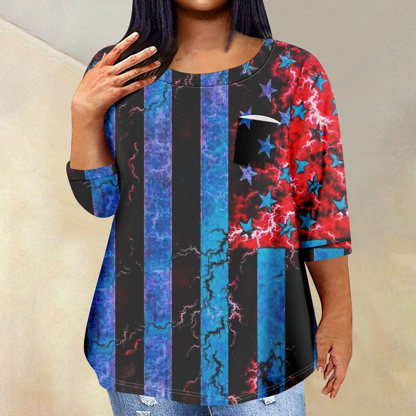 UoCefik 4th of July Tee Shirts for Women 3/4 Sleeve Patriotic