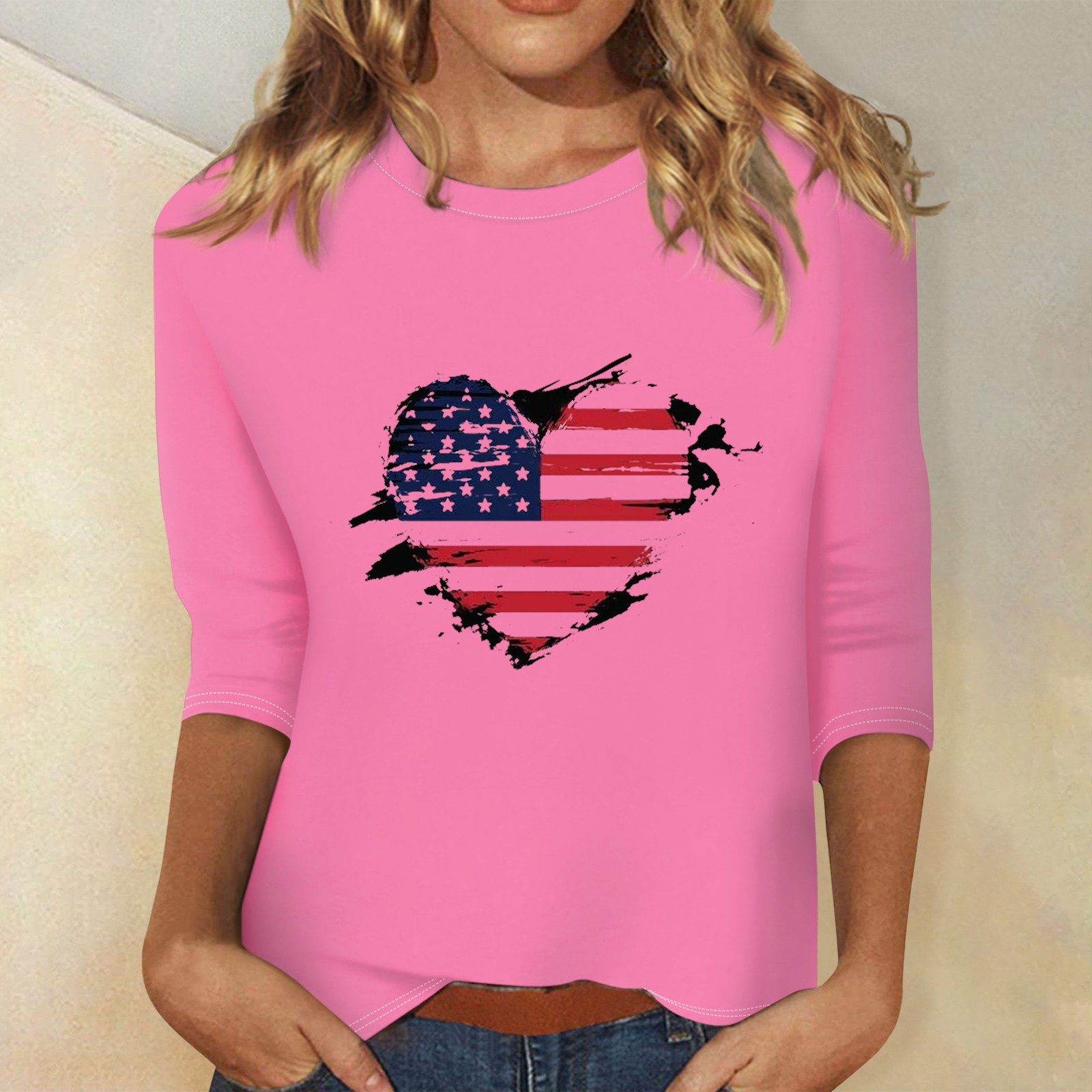 UoCefik 4th Of July Tee Shirts For Women Plus 3 4 Sleeve Independence 