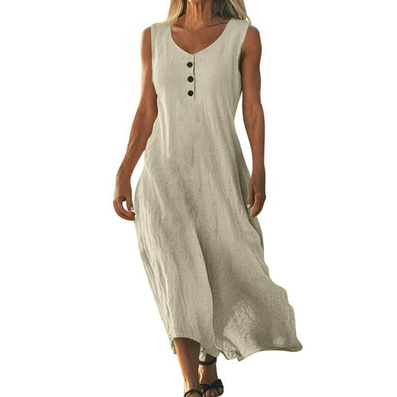 UoCefik A Line Dresses for Women Summer Sleeveless Flowy Linen Dresses Casual V Neck Plus Size Beach Vacation Tank Maxi Sundress Khaki S