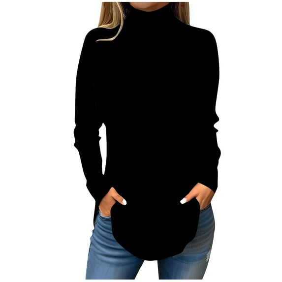 UoCefik Blouses for Women Dressy Turtleneck Long Sleeve Shirts Loose Fit Solid Color Turtle Neck Tunic Tops To Wear with Leggings Fall Winter Clothes Plus Size Sweatshirts Black M