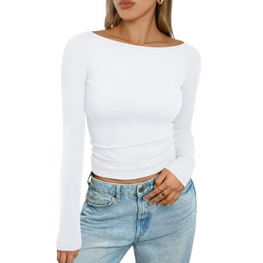 UoCefik Boat Neck Tops for Women Long Sleeve Shirts Basic Crop Tops Tight Slim Fit Cute Teen Girls Fall Winter Y2k Clothes White M