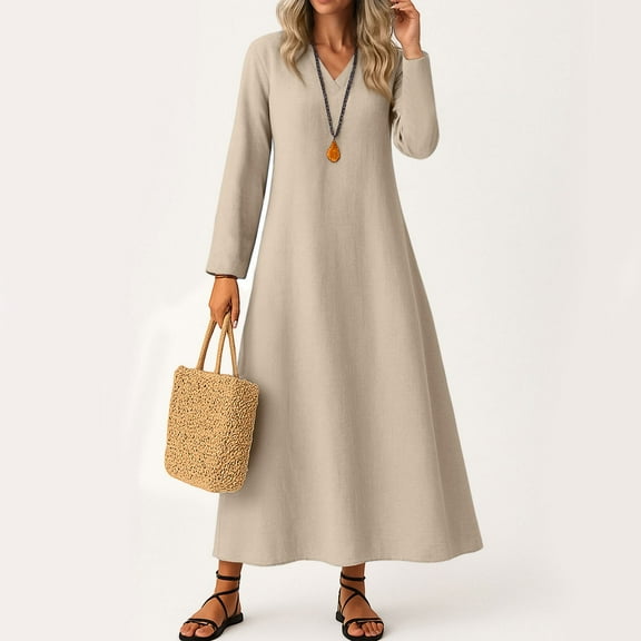 UoCefik Boho Dresses for Women Loose Fit Flowy Linen Dresses Casual Long Sleeve V Neck Long Dress Modest Fall Beach Vacation Sundress Beige S