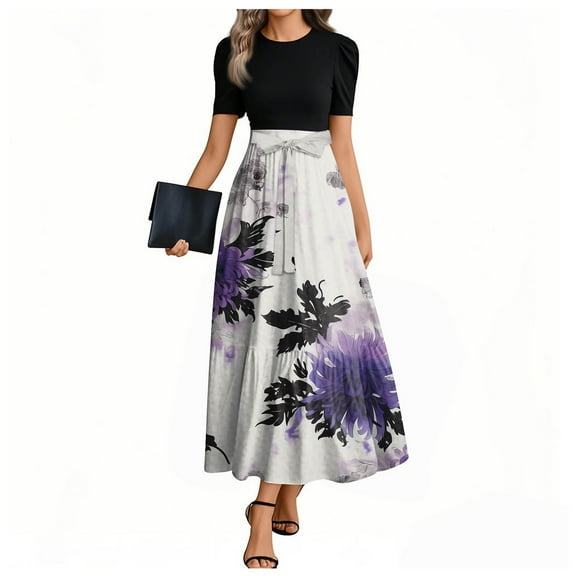 UoCefik Boho Maxi Dresses For Women 2025 Flowy Floral Elegant a Line Dresses Tie Belted Short Sleeve Ruffle Hem Casual Summer Dress Purple S