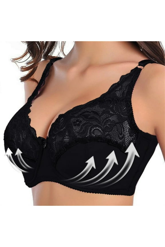 Bras for Women Plus Size Lace Floral Underwear Full Coverage Bras Push Up Adjustable Strap Everyday Bra Soft Shaping T-Shirt Bra Black 44D