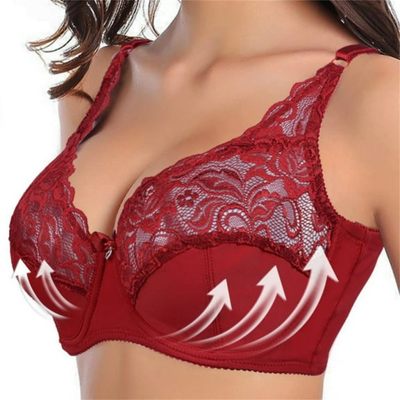 UoCefik Bras for Women Plus Size Lace Floral Underwear Full Coverage Bras Push Up Adjustable Strap Everyday Bra Soft Shaping T-Shirt Bra Wine 42D