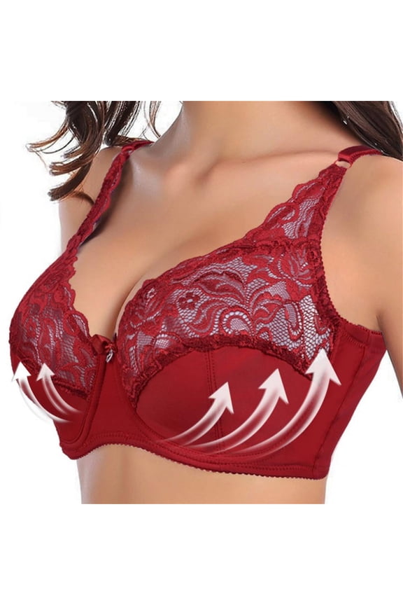 Bras for Women Plus Size Lace Floral Underwear Full Coverage Bras Push Up Adjustable Strap Everyday Bra Soft Shaping T-Shirt Bra Wine 44D