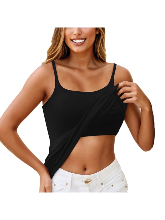 Cami Tank Tops for Women Built In Bra Casual Adjustable Spaghetti Strap Camisole Tops Basic Padded Bra Undershirts Trendy Tank Tops Black XL
