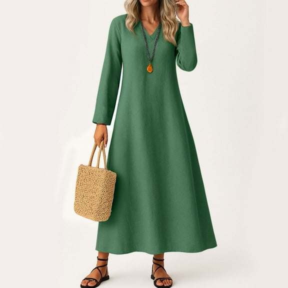 UoCefik Casual Linen Dresses for Women Fashion Long Sleeve V Neck Maxi Dresses Elegant Flowy Dress Loose Fit Fall Beach Vacation Sundress Green XXL